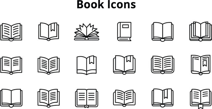 Book line icon set featuring open textbook library reading literature learning education bookmark and dictionary outline symbols for web digital design elements