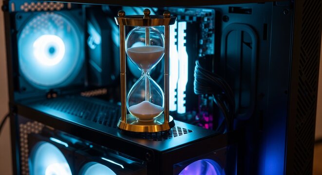 Vintage hourglass sits atop a modern computer case with illuminated fans, symbolizing the passage of time in technology