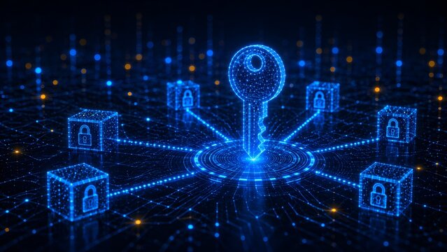 Glowing blue digital master key unlocking network of locked data cubes representing blockchain security and decryption technology