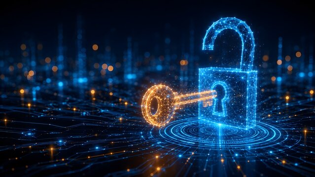 Glowing digital key unlocking an open padlock hologram representing data decryption cyber security access and network vulnerability solution