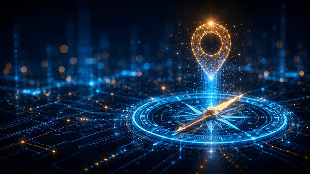 Futuristic digital compass with glowing location pin hologram representing global navigation GPS technology and modern logistics tracking