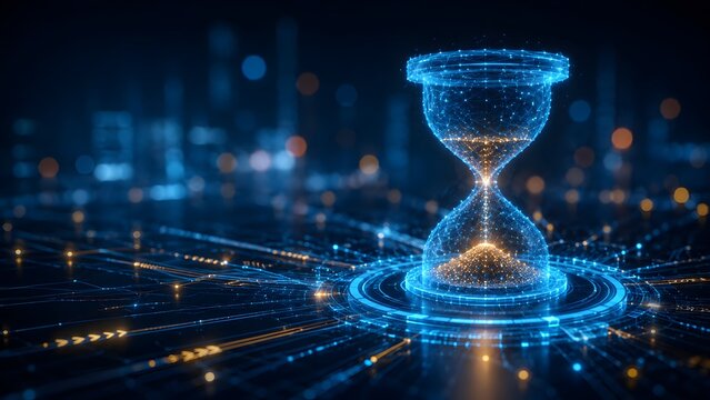 Glowing blue digital hourglass hologram with falling particles representing time management data processing speed and futuristic network countdown