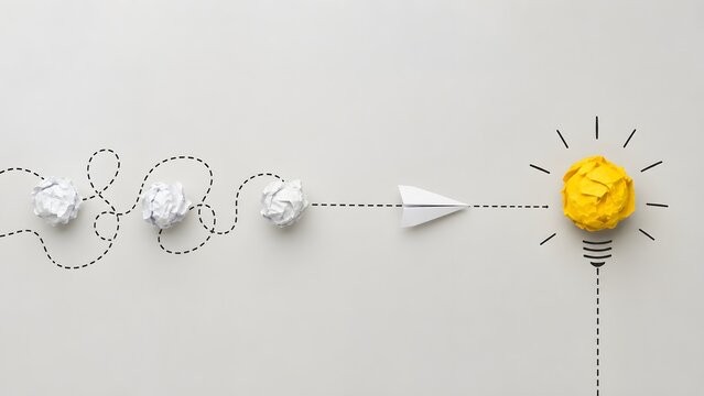 Crumpled paper balls transforming into a paper airplane flying towards a glowing lightbulb representing the journey from chaos to innovative business solutions