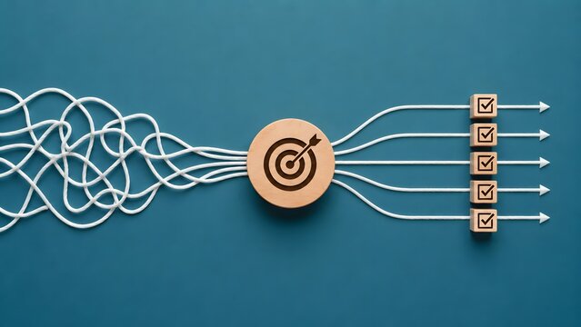 Tangled string going through a wooden target block and becoming straight lines with checkmarks representing organizing chaos into clear business goals and actionable plans