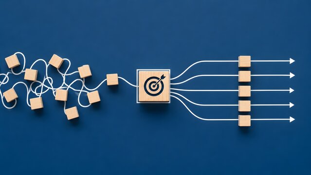 Tangled string with scattered blocks passing through a target turning into straight arrows and aligned cubes representing process optimization and strategic business alignment