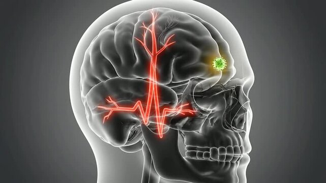 Detailed Anatomical Illustration of Human Skull and Brain with Blood Vessels and Electrical Impulses for Medical Education and Healthcare