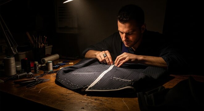 Focused artisan man meticulously sewing fabric in a dimly lit traditional workshop
