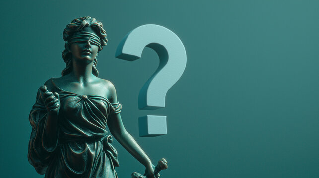 Lady Justice Statue with Question Mark on Dark Green Background &ndash; Law, Legal Uncertainty and Justice Concept