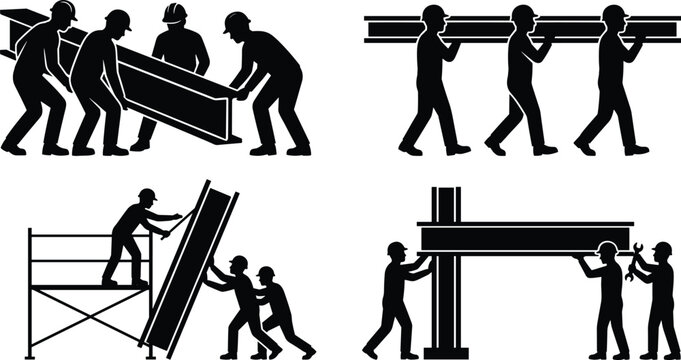 Industrial Ironworkers Silhouette Set Carrying Heavy Steel Beams and Installing Structural Girders on Scaffolding for Engineering and Architecture Construction Projects Graphic