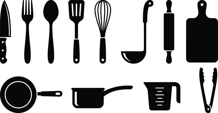 Kitchen Cooking Utensils and Cookware Silhouette Icon Set Featuring Knife Fork Spoon Spatula Whisk Ladle Rolling Pin Cutting Board Pan Pot Measuring Cup Tongs