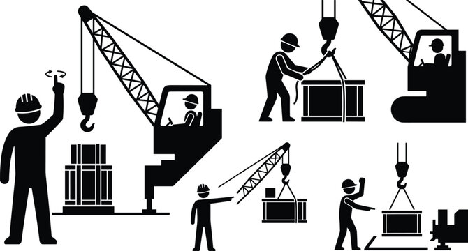 Industrial Crane Operators and Riggers Icon Set with Construction Workers Giving Hand Signals to Lift Heavy Cargo Boxes Vector Silhouette Graphics