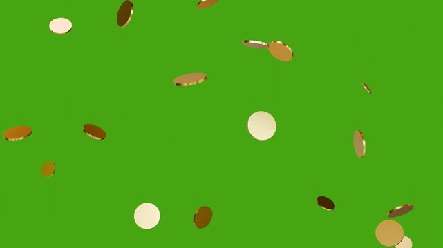gold coins falling on a green background. animation stock videos. falling golden coin green screen videos. coin rain 4k video.