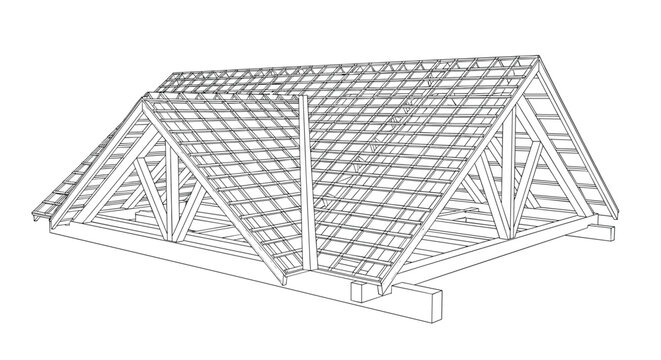 Detailed technical line drawing of a complex wooden roof truss structure, showcasing architectural design and structural engineering details.