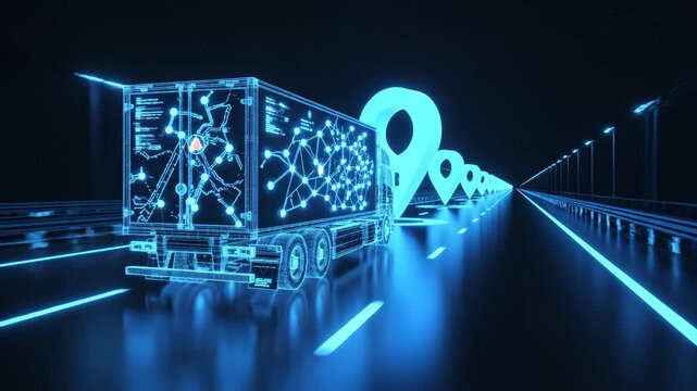 Truck with digital network on road ideal for software, IT, and cybersecurity commercial use