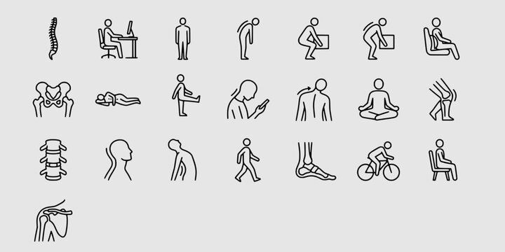 Icon set collection of human silhouettes demonstrating proper and improper posture during activities like sitting, lifting, walking, and using a mobile phone.