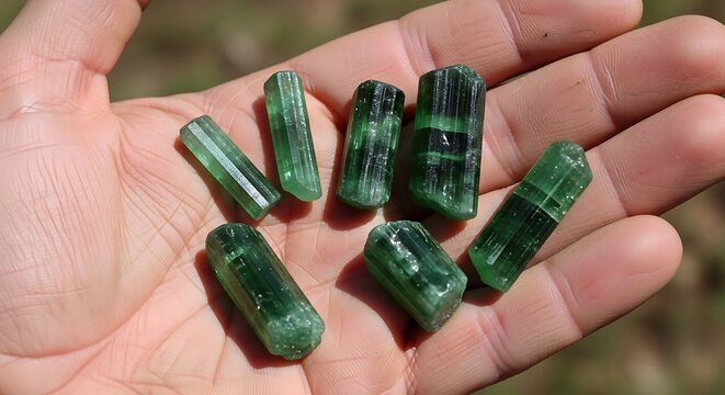 Hand holding several green gemstones outdoors.