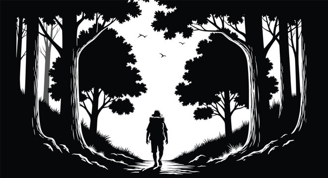 Silhouette of adventurer with a backpack walking through a dark forest path towards a bright opening in the trees for exploration.