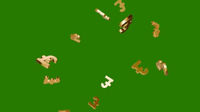 Animated Gold pound sign symbol falling down green screen animation. pound symbol Rotating animation on a green screen 4k videos. pound currency falling and looping, Currency Motion Graphic