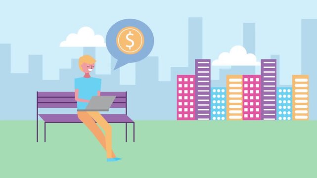 Young man working on laptop on park bench with city skyline and money symbol in speech bubble.