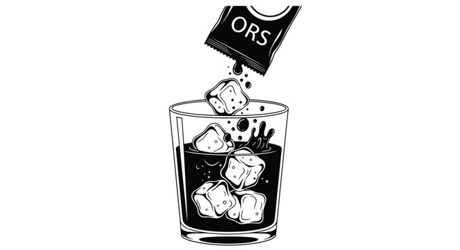 Health illustration of an Oral Rehydration Salts packet being poured into a glass of water with ice cubes for dehydration treatment.