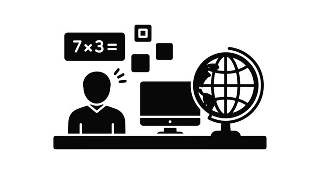 Education and learning icon showing a student silhouette at a desk with a computer, a world globe, and mathematical equations.