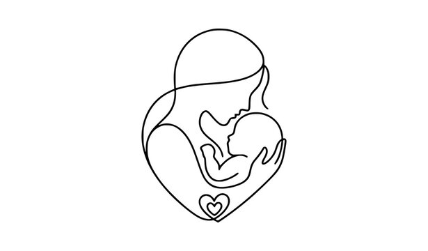 Minimal silhouette line art of person holding baby in caring embrace vector illustration