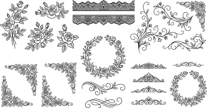 Vintage engraved style rose flower corner borders bundle luxury decorative wreath and swirls leaf frames for certificate templates