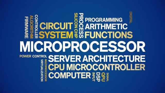 Microprocessor animated word cloud-text design animation tag kinetic typography seamless loop.
