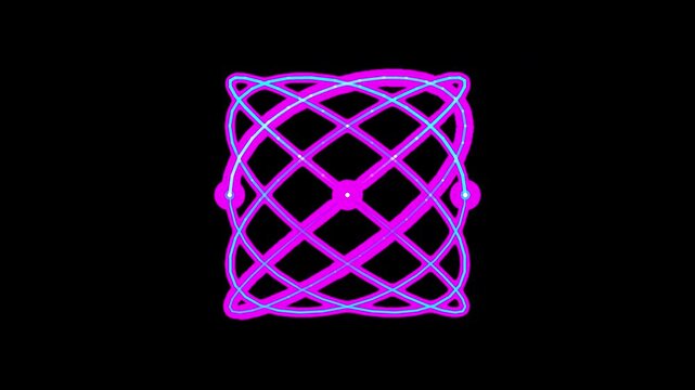 Luminous magenta and vibrant cyan Lissajous curves mutate with a dynamic radial glow. This elegant 2D oscillation pattern is isolated on transparent alpha.