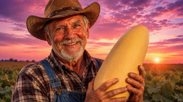Smiling elderly farmer holding large melon at sunset field