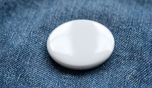 Blank white glossy round button badge mockup on denim fabric