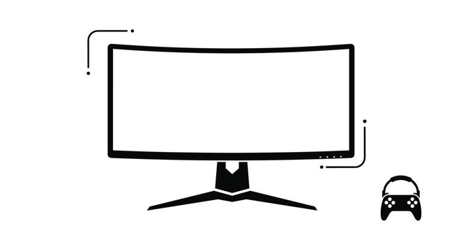 Gaming setup illustration featuring a large widescreen curved monitor and a handheld game controller icon for electronic entertainment.