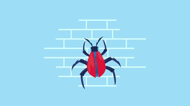 Malware bug crawling over white firewall animation on blue background representing cybersecurity threat and software vulnerability.