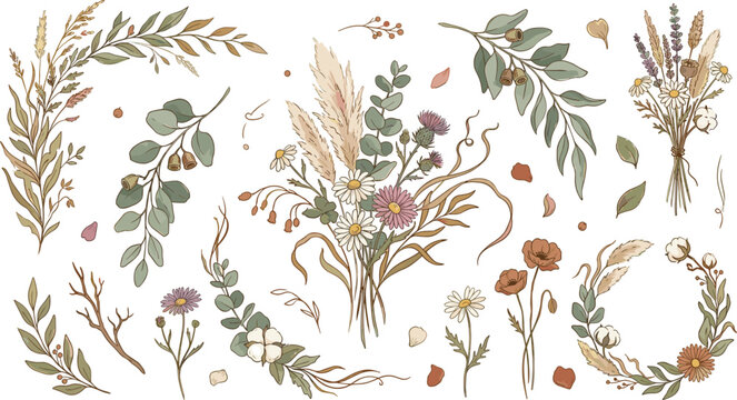 Watercolor boho floral elements vector bundle rustic wildflower bouquets eucalyptus leaf frames wreaths for wedding invitations