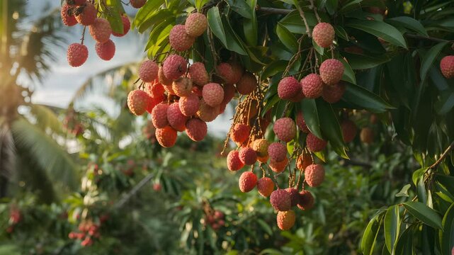 Ripe lychee fruits hanging on tree in tropical orchard 4K Ai HD high quality video.