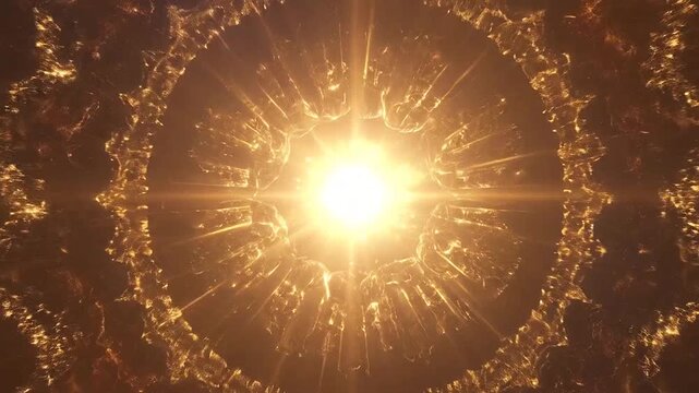 A glowing golden tunnel with intricate geometric patterns and floating crystal shards