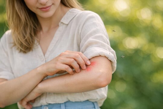 Woman in light shirt scratches mosquito bite on arm outdoors with blurred green background