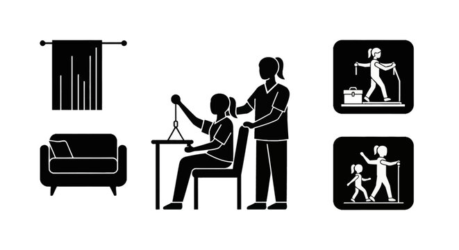 Black and white vector icons illustrating physical therapy and caregiving including a nurse assisting a patient with arm exercises, a person using a treadmill and mobility aids.