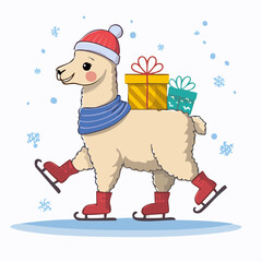 Obraz premium Cute Llama Ice Skating with Gifts and Snowflakes
