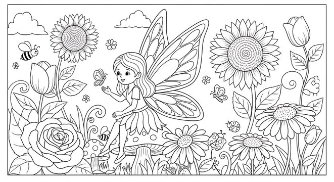 A fairy standing in a garden with flowers and insects