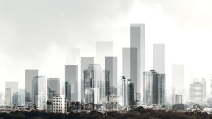 Fototapeta premium Urban skyline silhouette showcasing modern architecture and skyscrapers under cloudy sky with blurred textures and abstract design elements