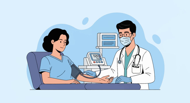 Vector illustration of a male doctor wearing a white coat and face mask checking the blood pressure of a female patient using a digital monitor in a medical clinic examination room.