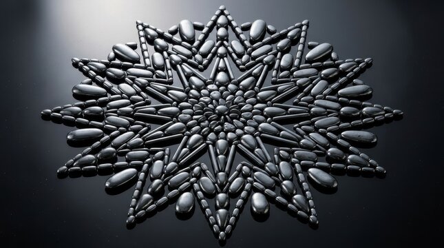 Polished black hematite stones arranged in a symmetrical mandala snowflake pattern on a reflective dark surface, showing metallic shine and geometric precision in a studio setting.
