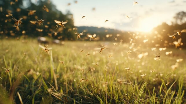 Dense swarm of mosquitoes flying above grassy field during sunset in natural outdoor setting