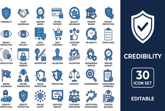 credibility and trust icon set. Vector symbols for secure payment, quality assurance, brand reliability,  icon, set, vector