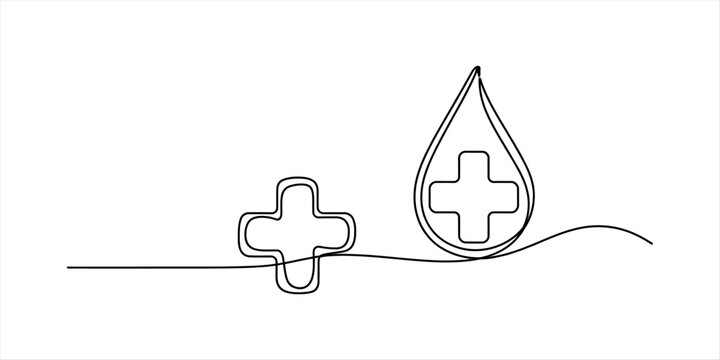 Continuous line drawing of a medical cross symbol and a blood drop with a cross for blood donation and healthcare concept