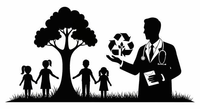Silhouette vector of a male doctor holding a recycling symbol with a plant, standing next to a tree and group of children, representing environmental health and community sustainability.