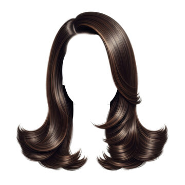 long wavy brunette human hair wig with natural volume isolated on transparent background