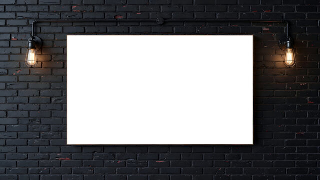 Modern Industrial Blank White Poster Template on Dark Textured Brick Wall with Dramatic Vintage Lamp Lighting