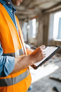 Construction site supervisor in orange safety vest checks clipboard in unfinished building interior